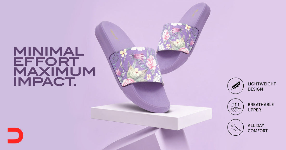 Purple floral print women's slides with lightweight breathable design – Deluxe Footwear