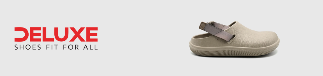 Crocs clogs Pakistan by Deluxe Footwear, beige EVA foam comfort shoes with adjustable strap and lightweight slip-on design.